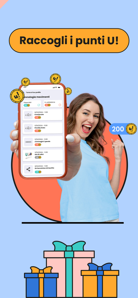 A happy woman holding a smartphone displaying earned points and rewards in the Urkah app with gift boxes below