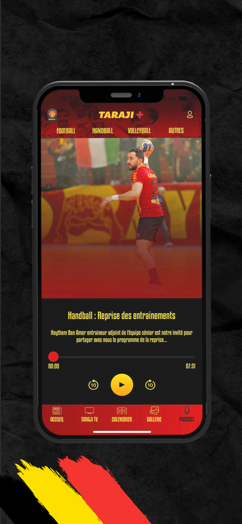 Taraji + - Écran du lecteur de podcast de l'application Taraji Plus affichant une mise à jour sur l'entraînement de l'équipe de handball avec des contrôles audio.