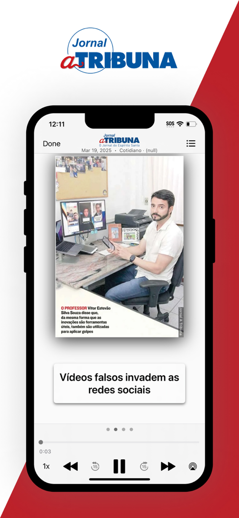 Interfaz de la aplicación móvil A Tribuna Digital que muestra un reportaje en video sobre seguridad en redes sociales y videos falsos