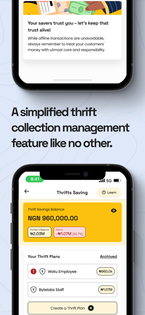 WATU Multipurpose Fintech App - WATU app thrift savings dashboard and community management screen