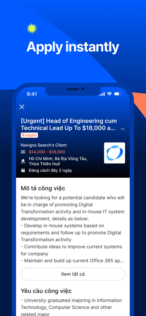 VietnamWorks app screenshot showing a job post for Head of Engineering with salary and details