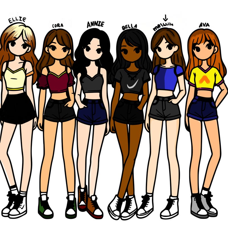 a group of girls wearing crop tops and shorts