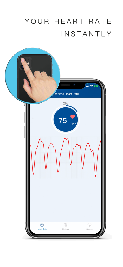 iPhone screen showing real-time heart rate measurement and pulse waveform graph in the Plus1Health app
