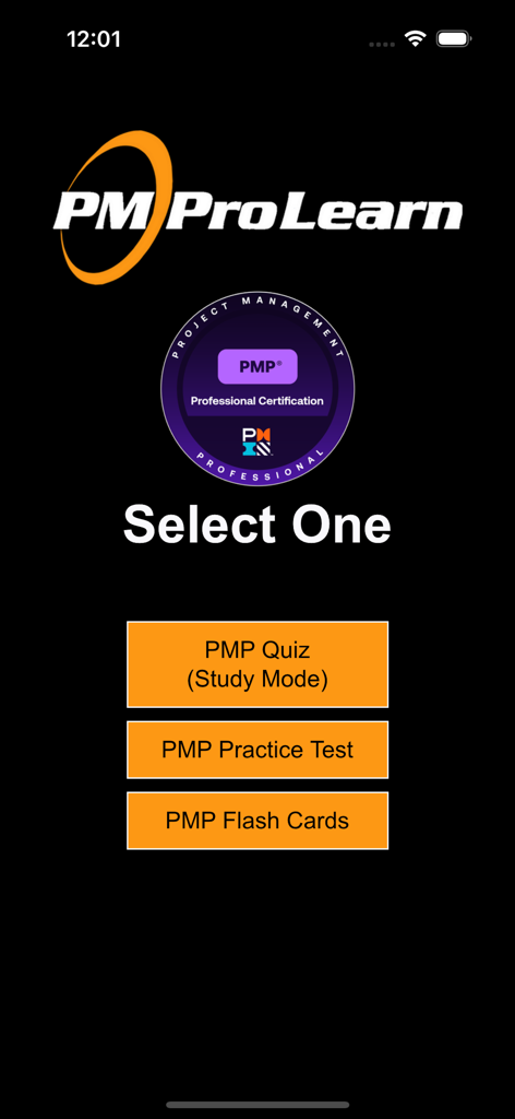 PM ProLearn PMP 시험 준비 앱 홈 화면으로 학습 모드 퀴즈 연습 시험 및 플래시 카드 옵션 표시