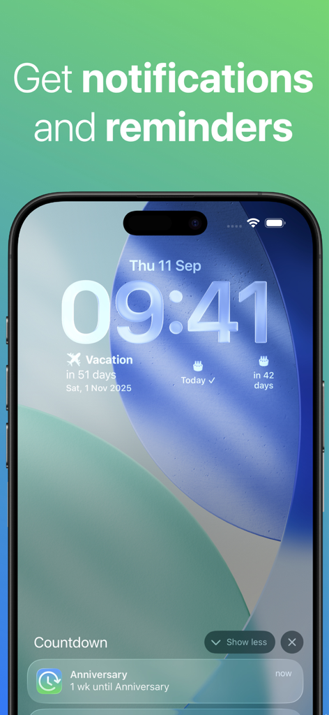 iPhone lock screen with countdown widgets and event notifications