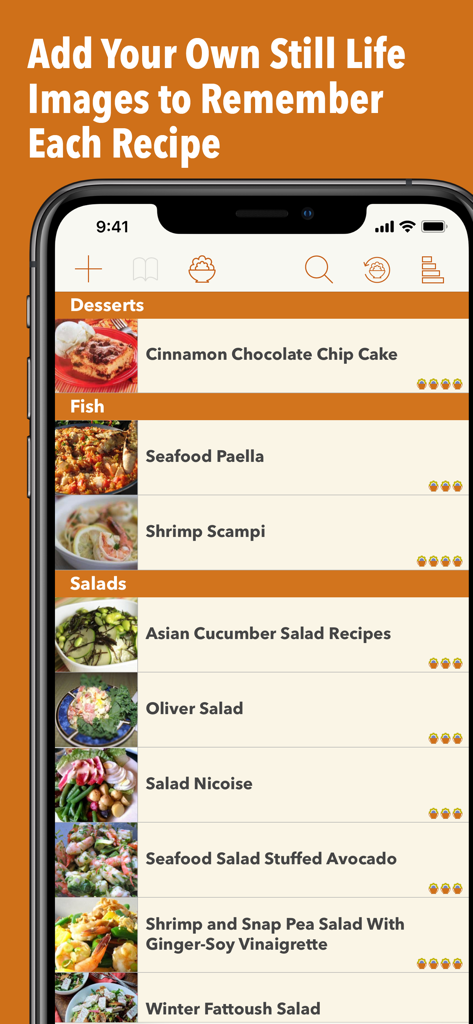 A list of recipes in the Recipe Gallery app categorized by Desserts, Fish, and Salads with personal photos.