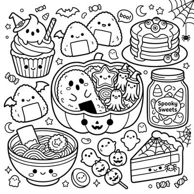Dive into a delightful mix of spooky and sweet with this Kawaii Halloween Food coloring page. Featuring adorable ghost-shaped treats, pumpkin bento boxes, and more, it's perfect for a fun and festive coloring adventure.