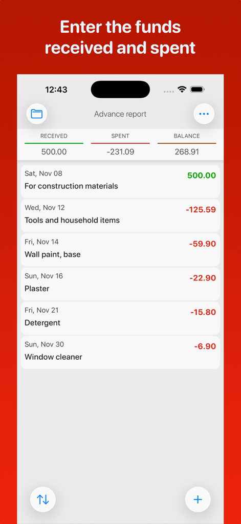 Bildschirmansicht eines Mobiltelefons, die eine Zusammenfassung der erhaltenen und ausgegebenen Gelder mit einer detaillierten Liste der Projektausgaben zeigt