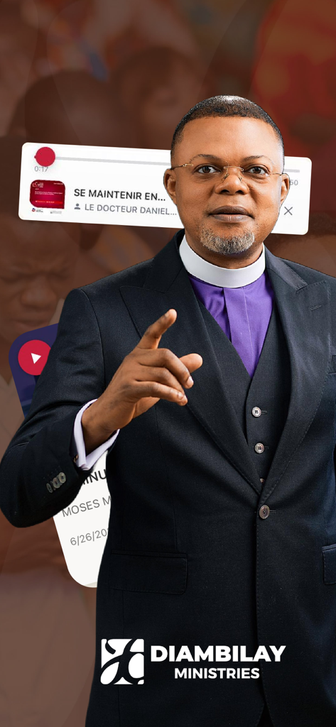 JC Diambilay Ministries - Apostle Diambilay and a sermon audio player in the JC Diambilay Ministries app