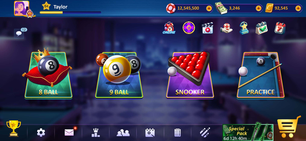 Sir Snooker: 8 Ball & 9 Ball - Main menu of Sir Snooker showing 8 ball 9 ball and snooker game modes