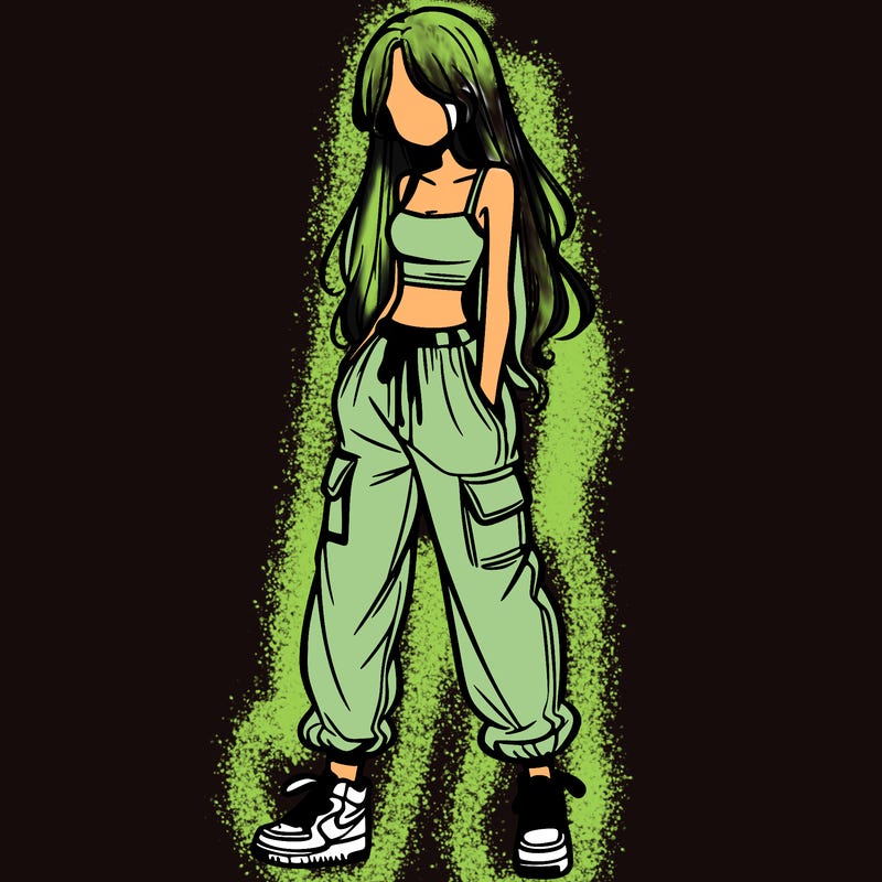 girl in baggy pants crop top and long hair