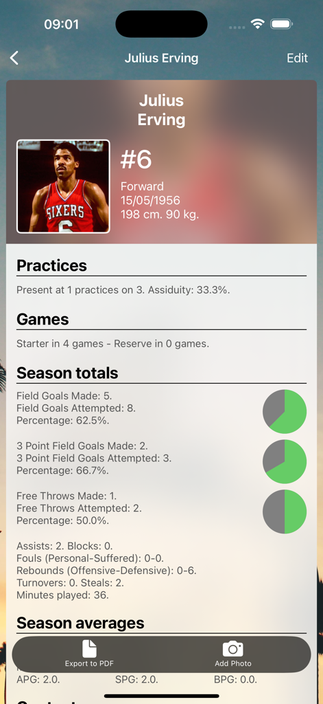 Basketball player profile screen showing season statistics and shooting percentages in the Assistant Coach app.