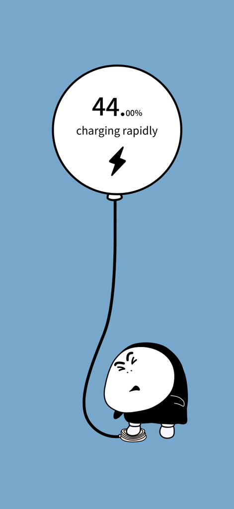 Una animación minimalista que muestra a un personaje de dibujos animados inflando un globo que muestra el porcentaje de batería y el estado de carga.