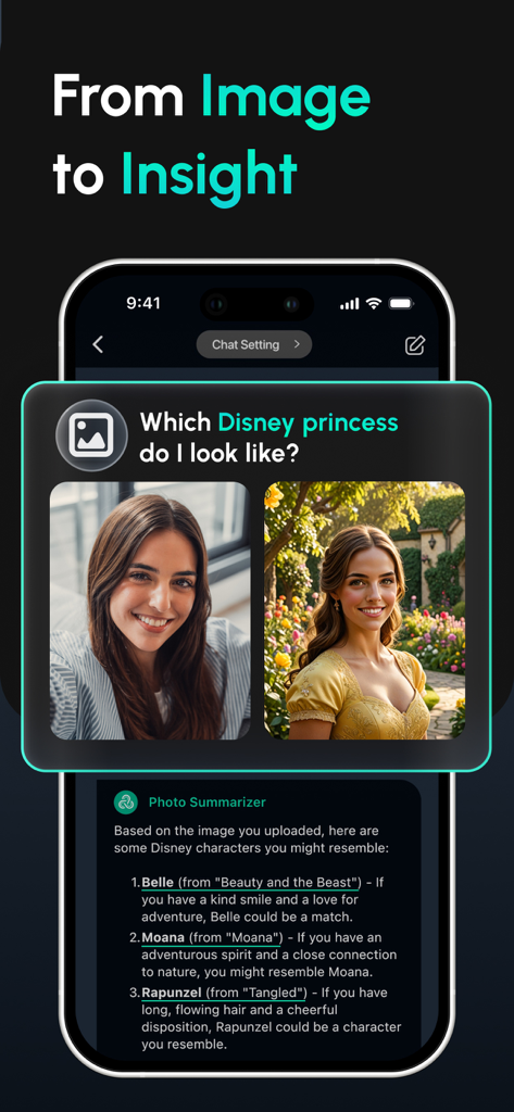 YouCam AI Chat-Fotobetrachter-Funktion, die Disney-Prinzessinnen-Lookalikes aus einem Benutzerbild identifiziert.