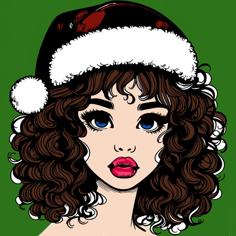 realistic girl with a santa hat curly hair and lips
