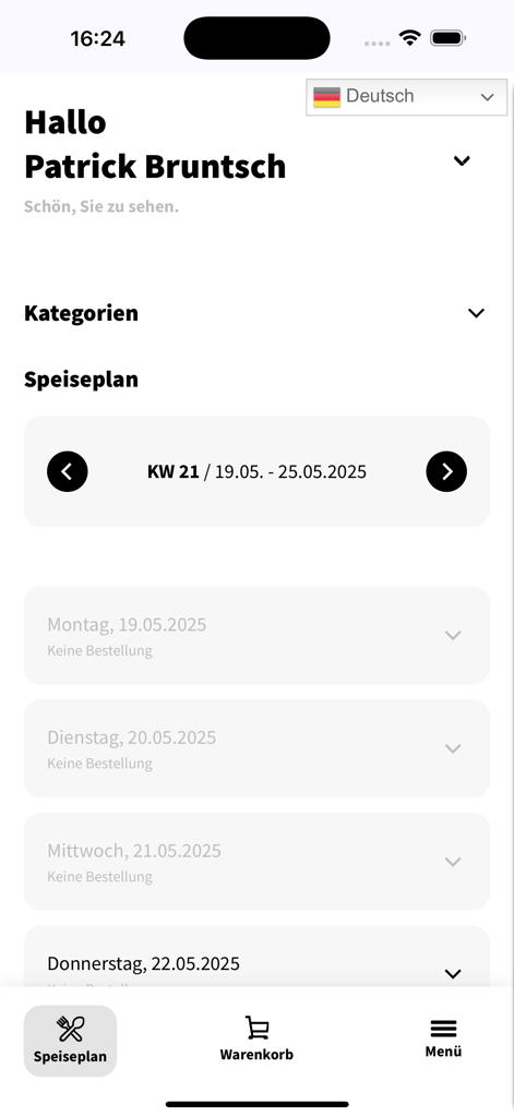 gourmetta Bestellung - Home screen of the gourmetta app showing a weekly meal plan calendar
