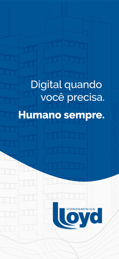 LLOYD 앱 시작 화면, 고층 빌딩 그래픽과 부동산 관리 서비스 회사 로고 포함