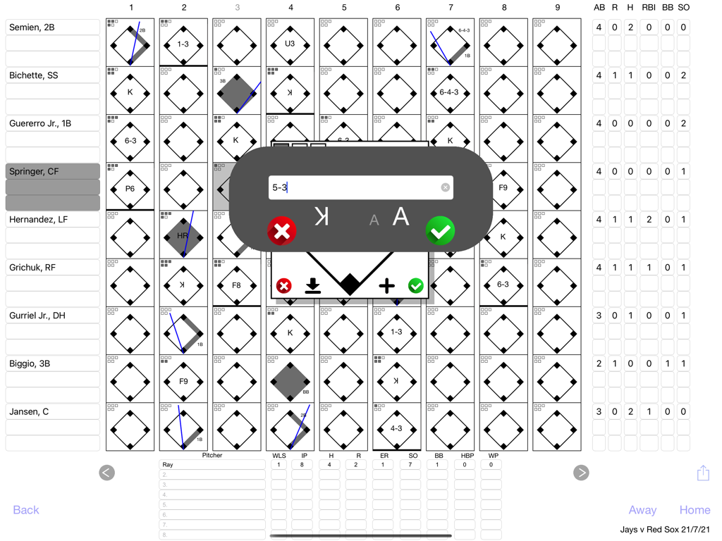 Scorecards - A digital baseball scorecard interface on iPad showing player stats and a data entry popup for game plays
