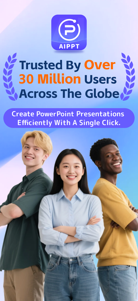 Promotional screen for AiPPT app showing diverse young professionals and highlighting over 30 million global users