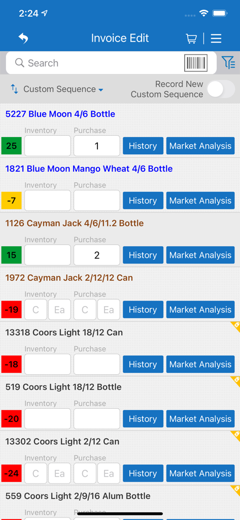 Mobile app interface showing an invoice edit screen with beverage inventory tracking and purchase history for route sales representatives