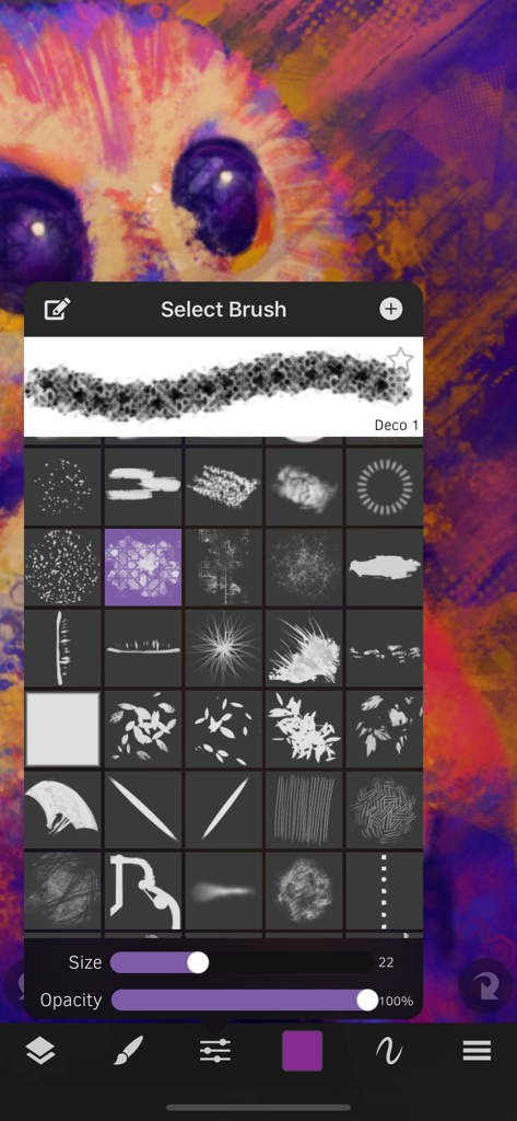 Sketch Club - Interface of the Sketch Club app showing the brush selection menu with various presets over a vibrant digital illustration.