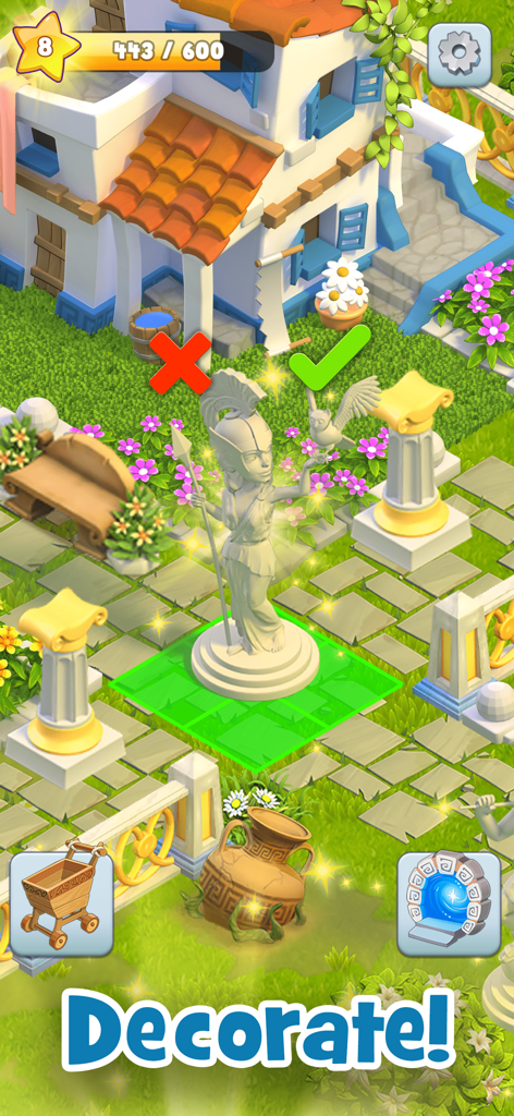 Decorating a Greek-style farm with statues and ancient ruins in Land of Legends