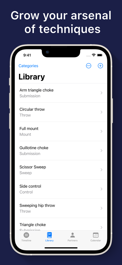 Martial Arts Training Journal - An iPhone screenshot of the ProgressGuard app displaying a library of martial arts techniques including chokes and throws.