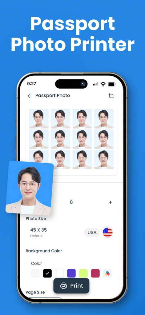 Mobile app interface for creating and printing US standard passport photos