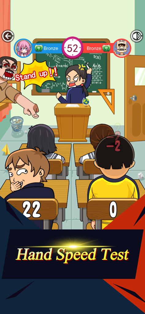 Class.io - Classmate Battle - Captura de pantalla del juego móvil Class.io que muestra una batalla de prueba de velocidad de manos en un entorno de aula de dibujos animados.