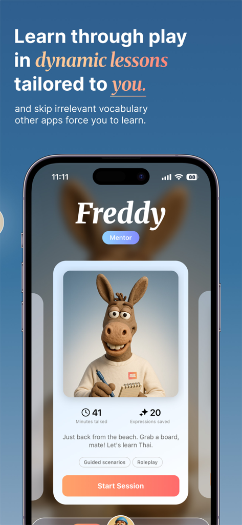Schermata dell'app Mad Fluent che mostra un mentore personaggio IA per l'apprendimento linguistico personalizzato