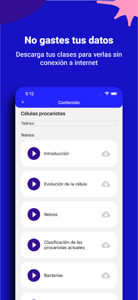 Filadd - Interface of the Filadd app in Spanish showing a list of biology video lessons with download options for offline study