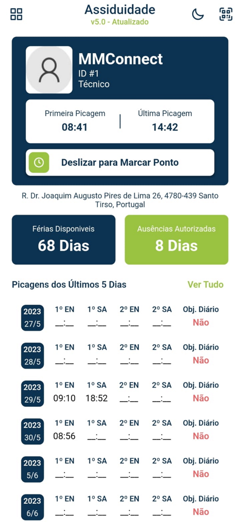 TimeAPP - Dashboard of the TimeAPP mobile application showing attendance records and vacation balance