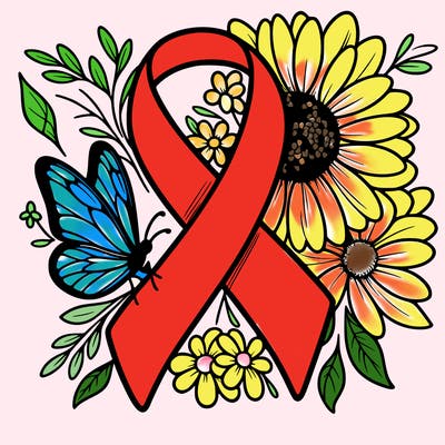 cancer awareness symbol with flowers and butterflies