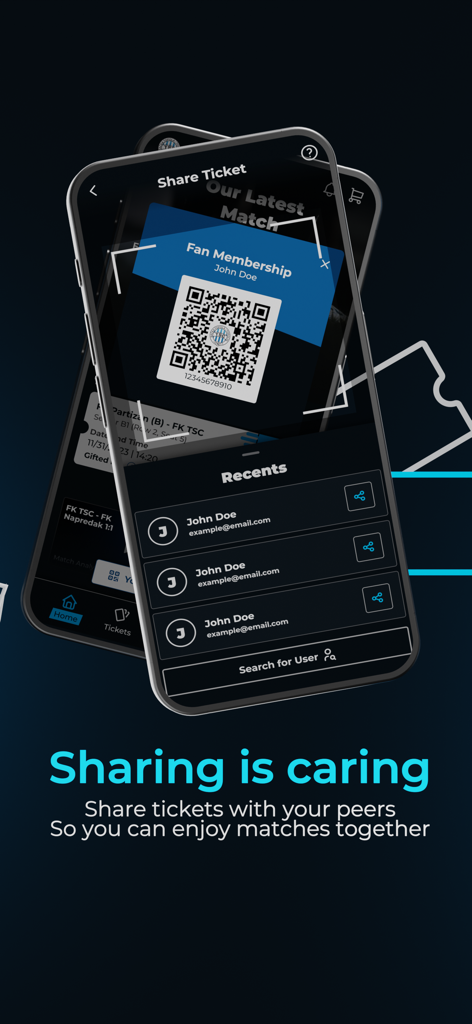 FK TSC - Interfaz de la app móvil FK TSC mostrando una entrada digital de membresía de aficionado con un código QR y opciones para compartir entradas con amigos