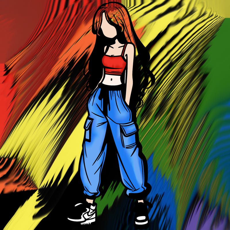 girl in baggy pants crop top and long hair