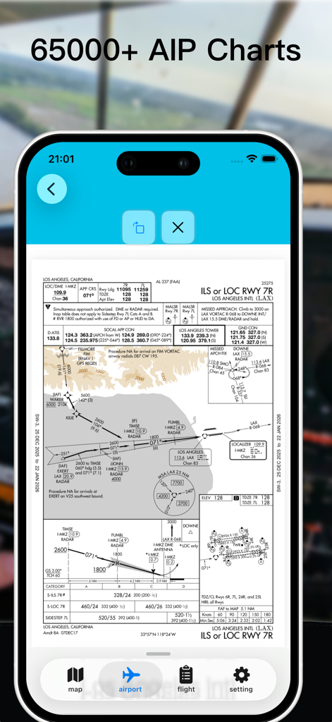 MSFS MAP NG - MSFS MAP NG app displaying a professional ILS airport landing chart for Los Angeles on an iPhone screen