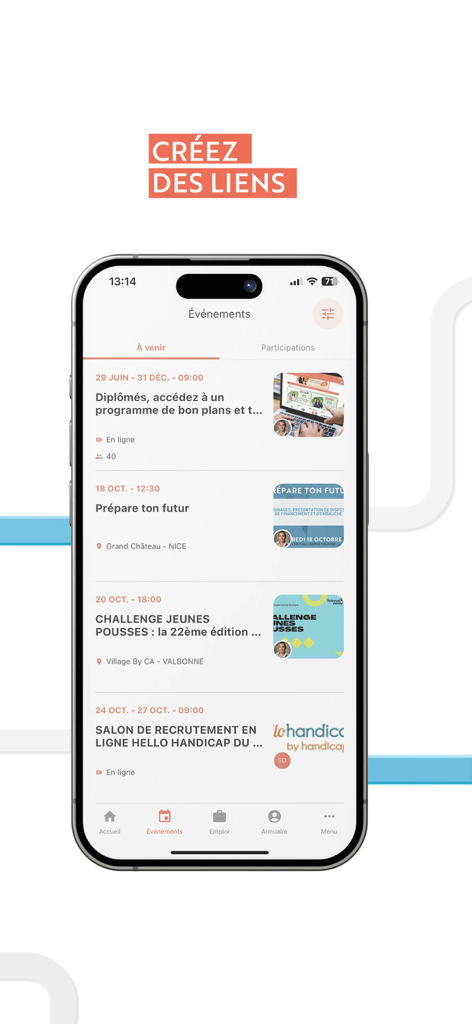 UniCA & moi - Interface of UniCA and moi app displaying a list of upcoming professional events and networking opportunities for alumni