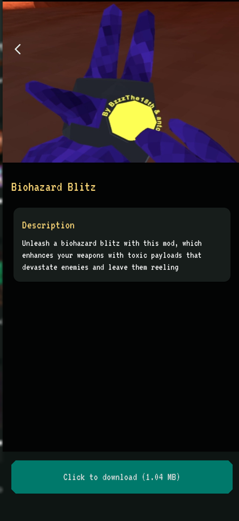 Beschreibung und Download-Seite für den Biohazard Blitz Mod in der Gtag Mods App.