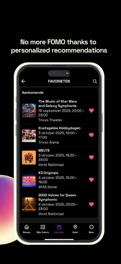 be·at Venues - Una lista de próximos eventos favoritos en la interfaz de la aplicación be·at Venues.