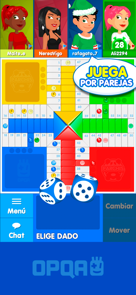 Écran du jeu de plateau OPQA Parchis avec avatars des joueurs et options de chat