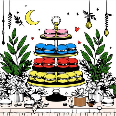 macaron display on a beautiful elegant table with eucalyptus leaves around it and small trinkets