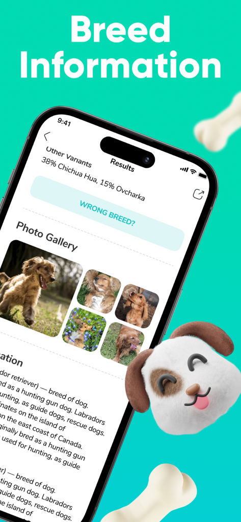 Dog Scanner - Breed Identifier - 강아지 품종 식별 결과와 사진 갤러리를 보여주는 도그 스캐너 앱의 스마트폰 인터페이스