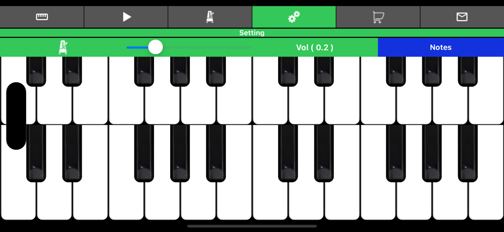 Piano - 2 Keyboard Tiles Play - Oberfläche der Piano-App, die ein Dual-Reihen-Keyboard und Lautstärkeeinstellungen für das Metronom zeigt.