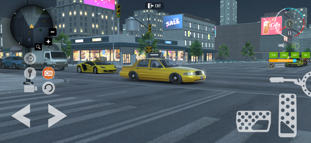 Taxi Driver Car Parking Game - A yellow taxi car driving in a city at night with on screen game controls