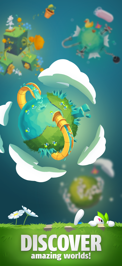 A vibrant promotional image for the Lemmings game featuring floating puzzle planets and the text Discover amazing worlds