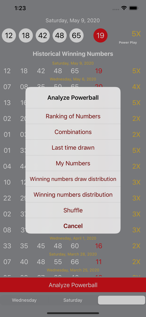 Powerball Analysis and Results - Powerball analysis app menu displaying lottery data tools