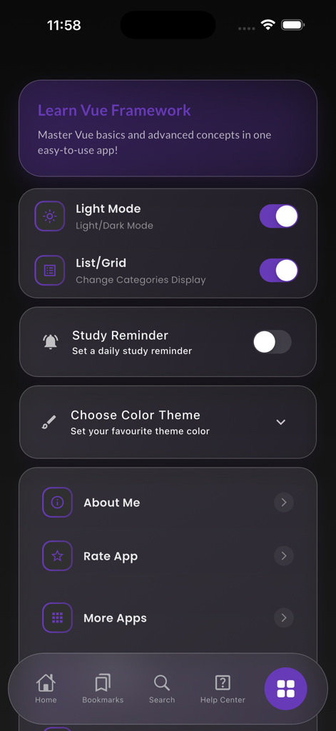 Menu de configurações do aplicativo Learn Vue.js com opções para modo escuro e lembretes de estudo.