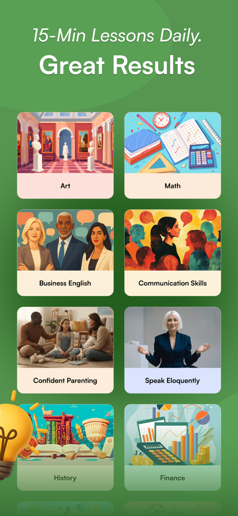 SmartyMeアプリのインターフェース。アート、数学、ビジネス、英語、金融などの15分間のレッスンカテゴリのグリッドが表示されています。