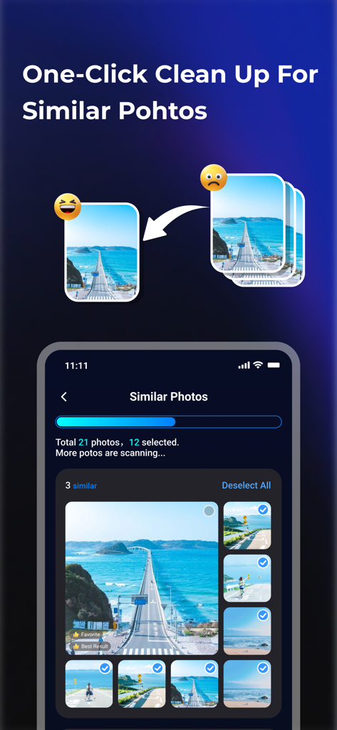 Auto Cleanup app interface displaying a one-click feature to find and delete similar photos