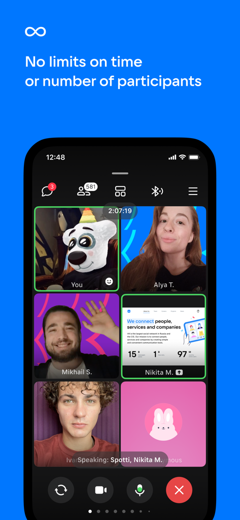 VK Calls - Mobile interface of VK Calls showing a group video meeting with multiple participants and screen sharing